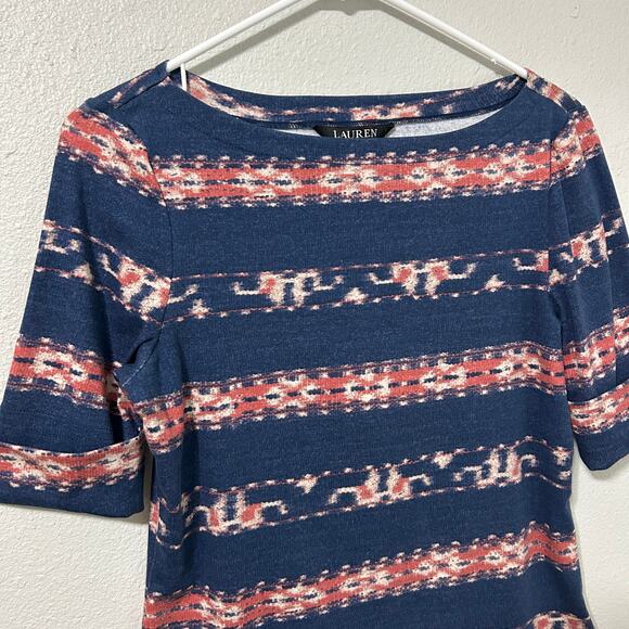 Lauren Ralph Lauren Boatneck Tee Blue Pink Print Embroidered Petite M - Picture 3 of 12